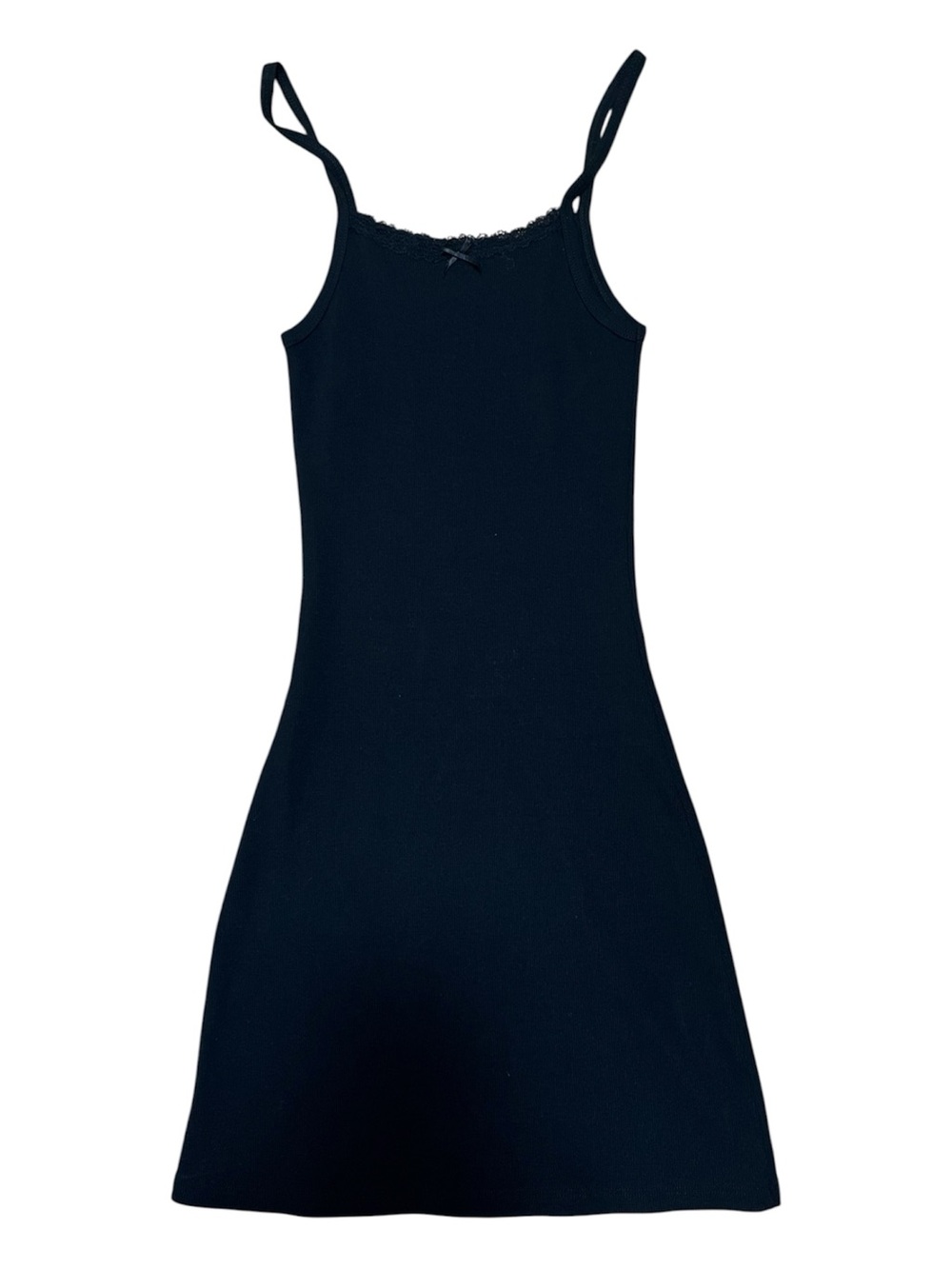 Brandy Melville Black Lace Trim Ribbed Mini Dress Scoop Neck Bow